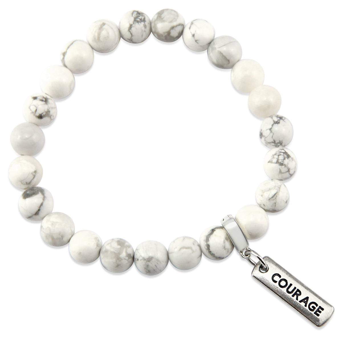 8mm White Marble Stone Bracelet with word charm and silver clip. Featured words are Soul Sister, Family, Grateful, Strength, Hope, Grace, Friendship, Loved, Courage, Brave, Embrace, Enough and many more. 