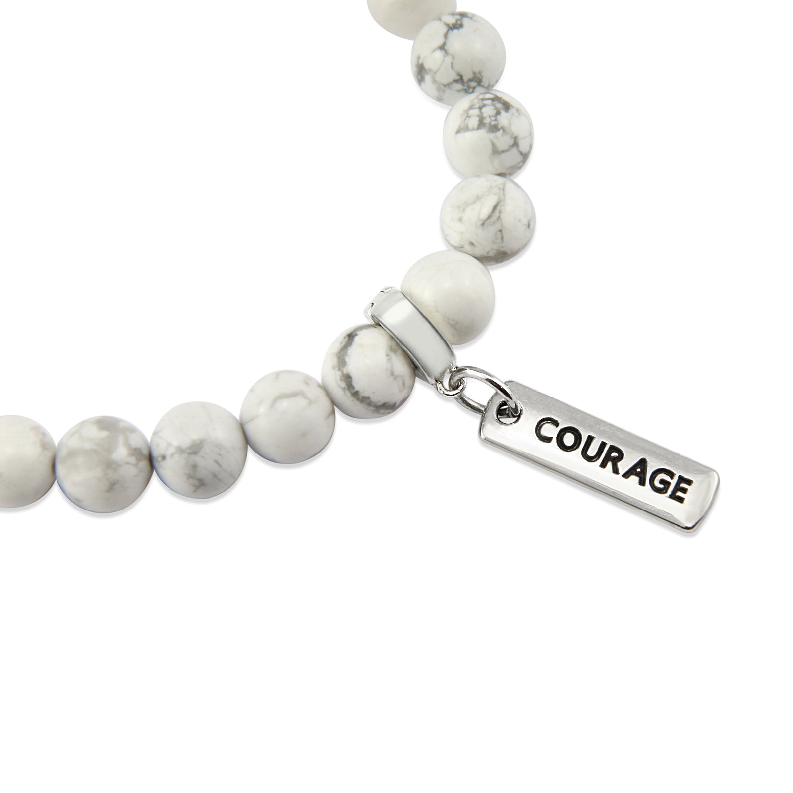 8mm White Marble Stone Bracelet with word charm and silver clip. Featured words are Soul Sister, Family, Grateful, Strength, Hope, Grace, Friendship, Loved, Courage, Brave, Embrace, Enough and many more. 