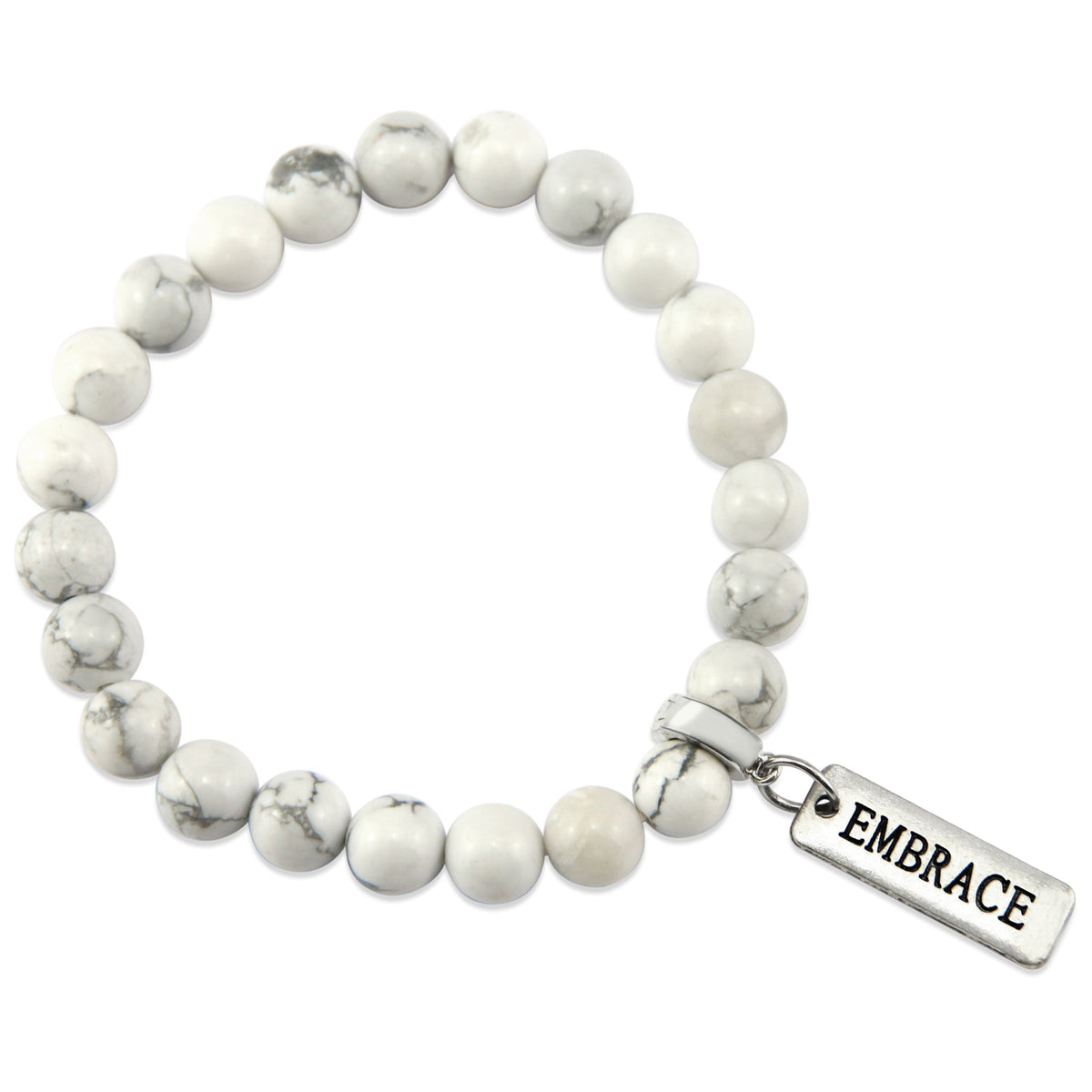 8mm White Marble Stone Bracelet with word charm and silver clip. Featured words are Soul Sister, Family, Grateful, Strength, Hope, Grace, Friendship, Loved, Courage, Brave, Embrace, Enough and many more. 