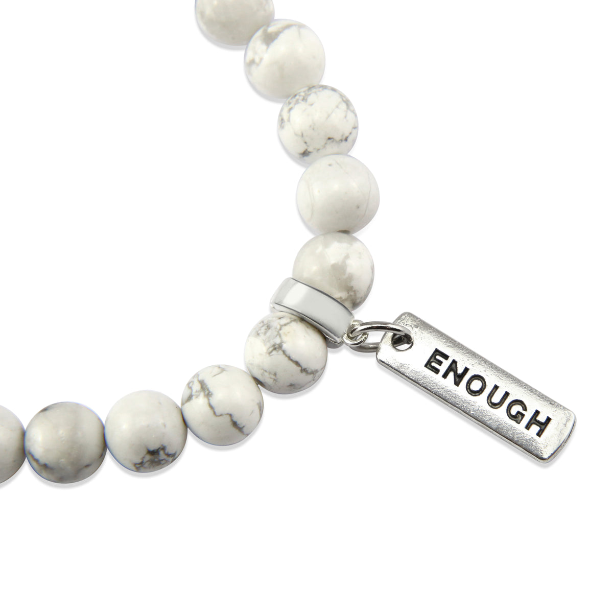 8mm White Marble Stone Bracelet with word charm and silver clip. Featured words are Soul Sister, Family, Grateful, Strength, Hope, Grace, Friendship, Loved, Courage, Brave, Embrace, Enough and many more. 