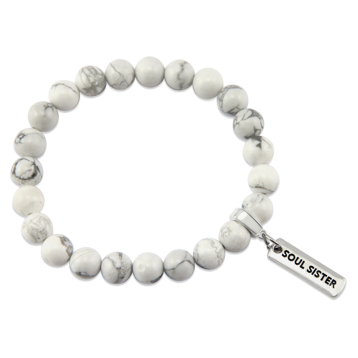 8mm White Marble Stone Bracelet with word charm and silver clip. Featured words are Soul Sister, Family, Grateful, Strength, Hope, Grace, Friendship, Loved, Courage, Brave, Embrace, Enough and many more. 