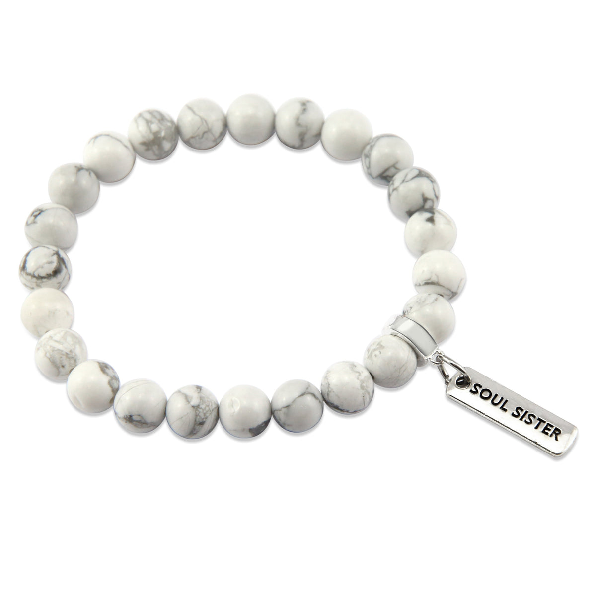 8mm White Marble Stone Bracelet with word charm and silver clip. Featured words are Soul Sister, Family, Grateful, Strength, Hope, Grace, Friendship, Loved, Courage, Brave, Embrace, Enough and many more. 