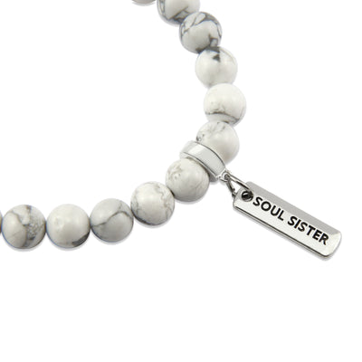 8mm White Marble Stone Bracelet with word charm and silver clip. Featured words are Soul Sister, Family, Grateful, Strength, Hope, Grace, Friendship, Loved, Courage, Brave, Embrace, Enough and many more.