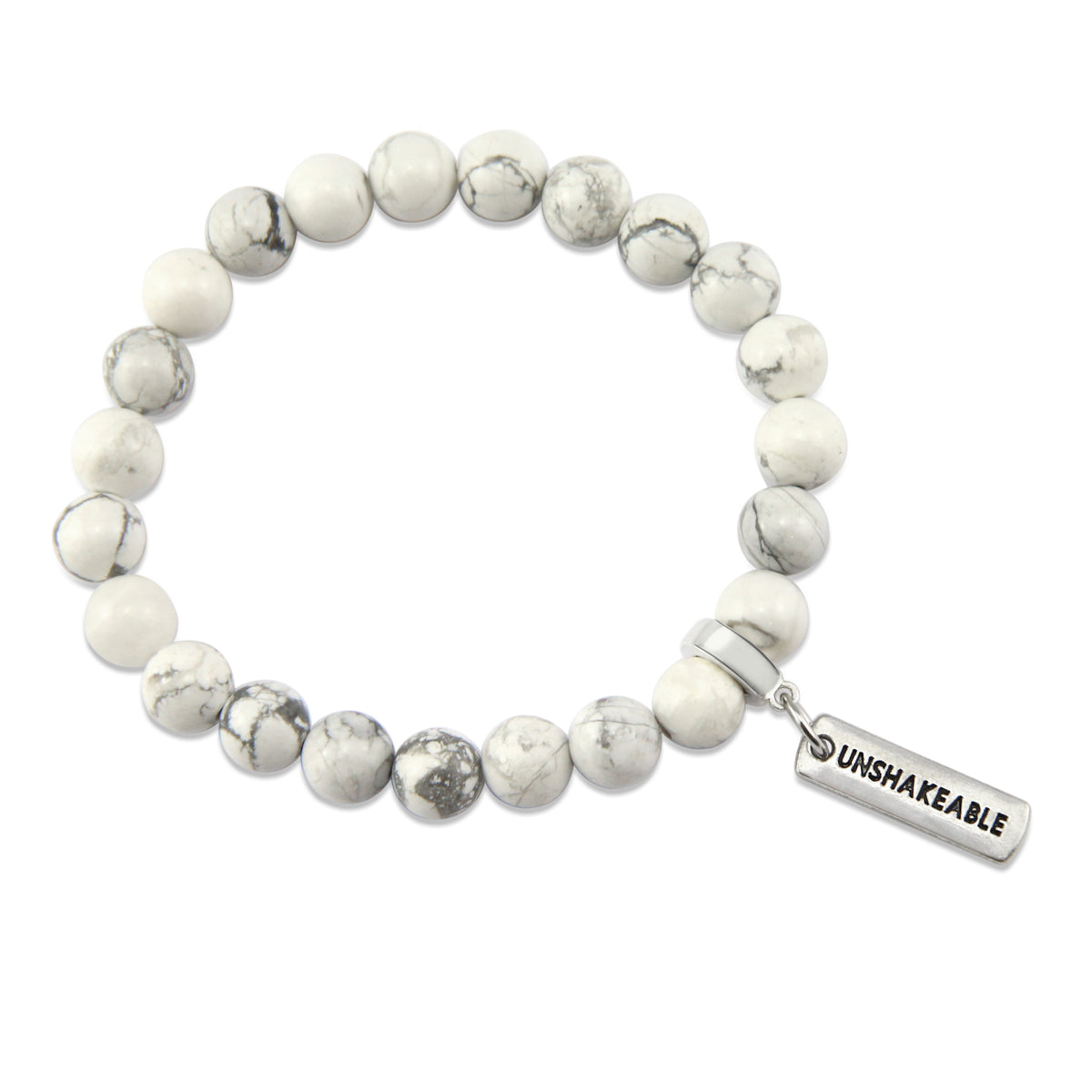 8mm White Marble Stone Bracelet with word charm and silver clip. Featured words are Soul Sister, Family, Grateful, Strength, Hope, Grace, Friendship, Loved, Courage, Brave, Embrace, Enough and many more. 