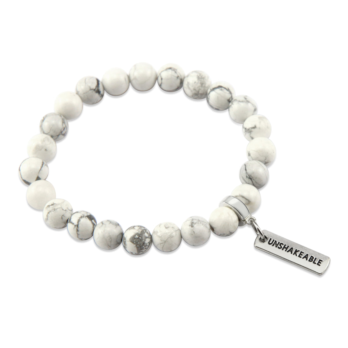 8mm White Marble Stone Bracelet with word charm and silver clip. Featured words are Soul Sister, Family, Grateful, Strength, Hope, Grace, Friendship, Loved, Courage, Brave, Embrace, Enough and many more. 