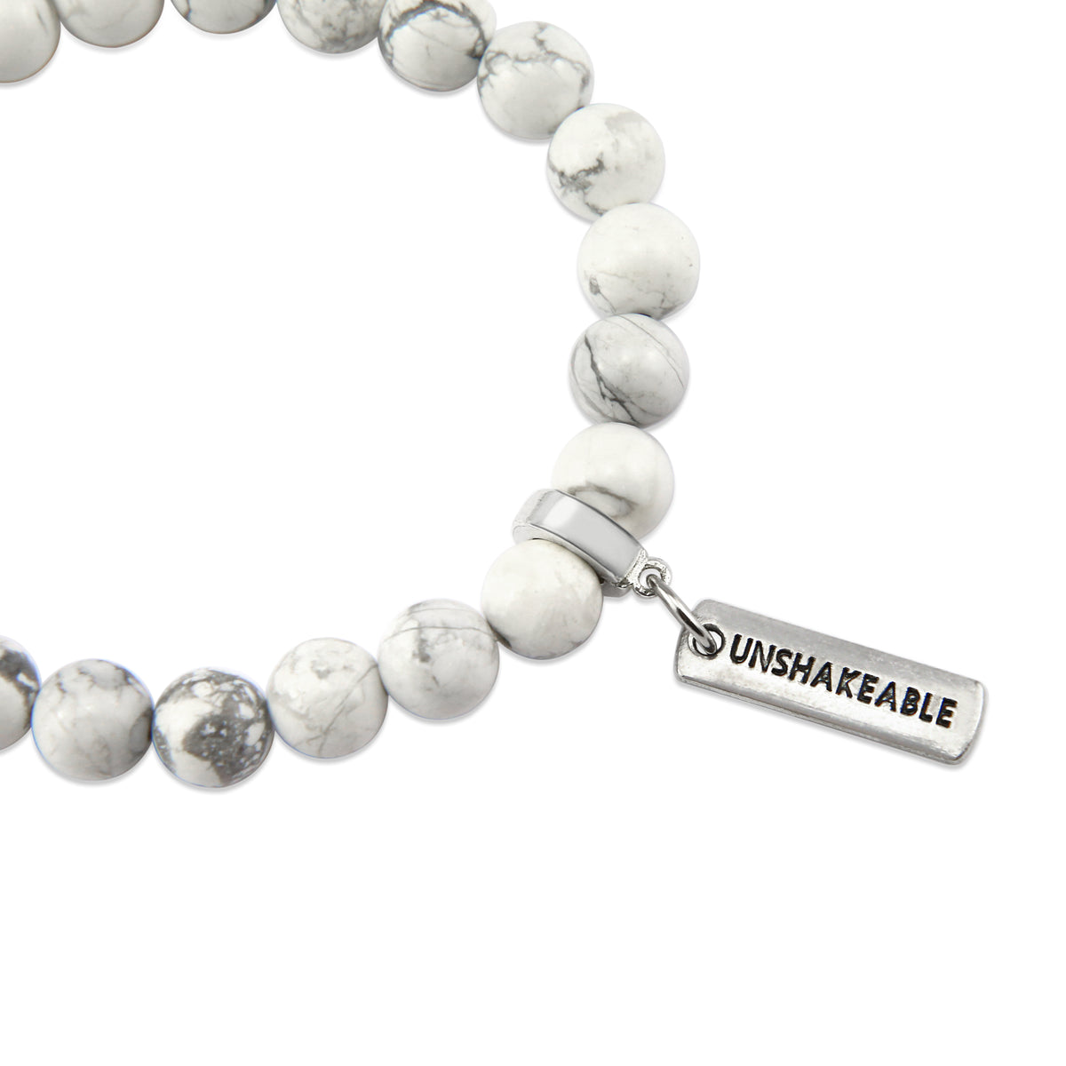 8mm White Marble Stone Bracelet with word charm and silver clip. Featured words are Soul Sister, Family, Grateful, Strength, Hope, Grace, Friendship, Loved, Courage, Brave, Embrace, Enough and many more. 