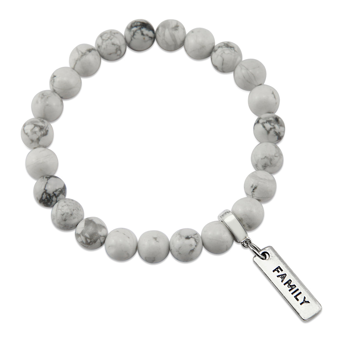 8mm White Marble Stone Bracelet with word charm and silver clip. Featured words are Soul Sister, Family, Grateful, Strength, Hope, Grace, Friendship, Loved, Courage, Brave, Embrace, Enough and many more. 