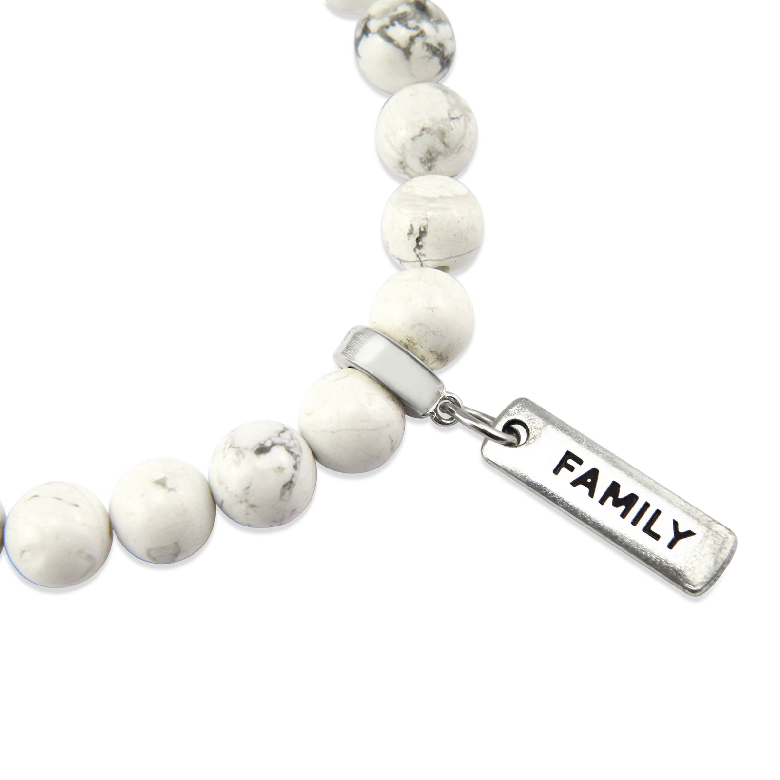 8mm White Marble Stone Bracelet with word charm and silver clip. Featured words are Soul Sister, Family, Grateful, Strength, Hope, Grace, Friendship, Loved, Courage, Brave, Embrace, Enough and many more. 
