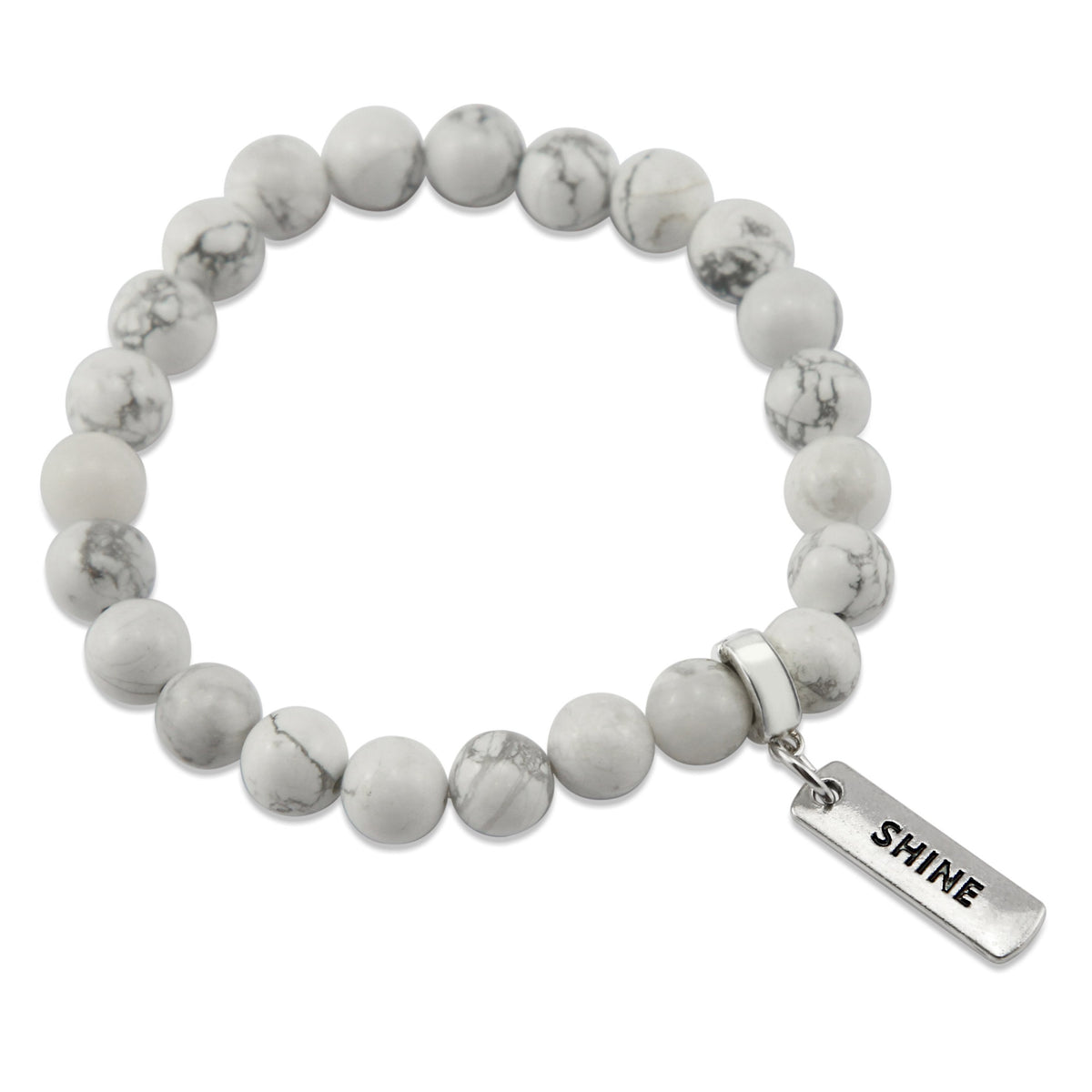 8mm White Marble Stone Bracelet with word charm and silver clip. Featured words are Soul Sister, Family, Grateful, Strength, Hope, Grace, Friendship, Loved, Courage, Brave, Embrace, Enough and many more. 