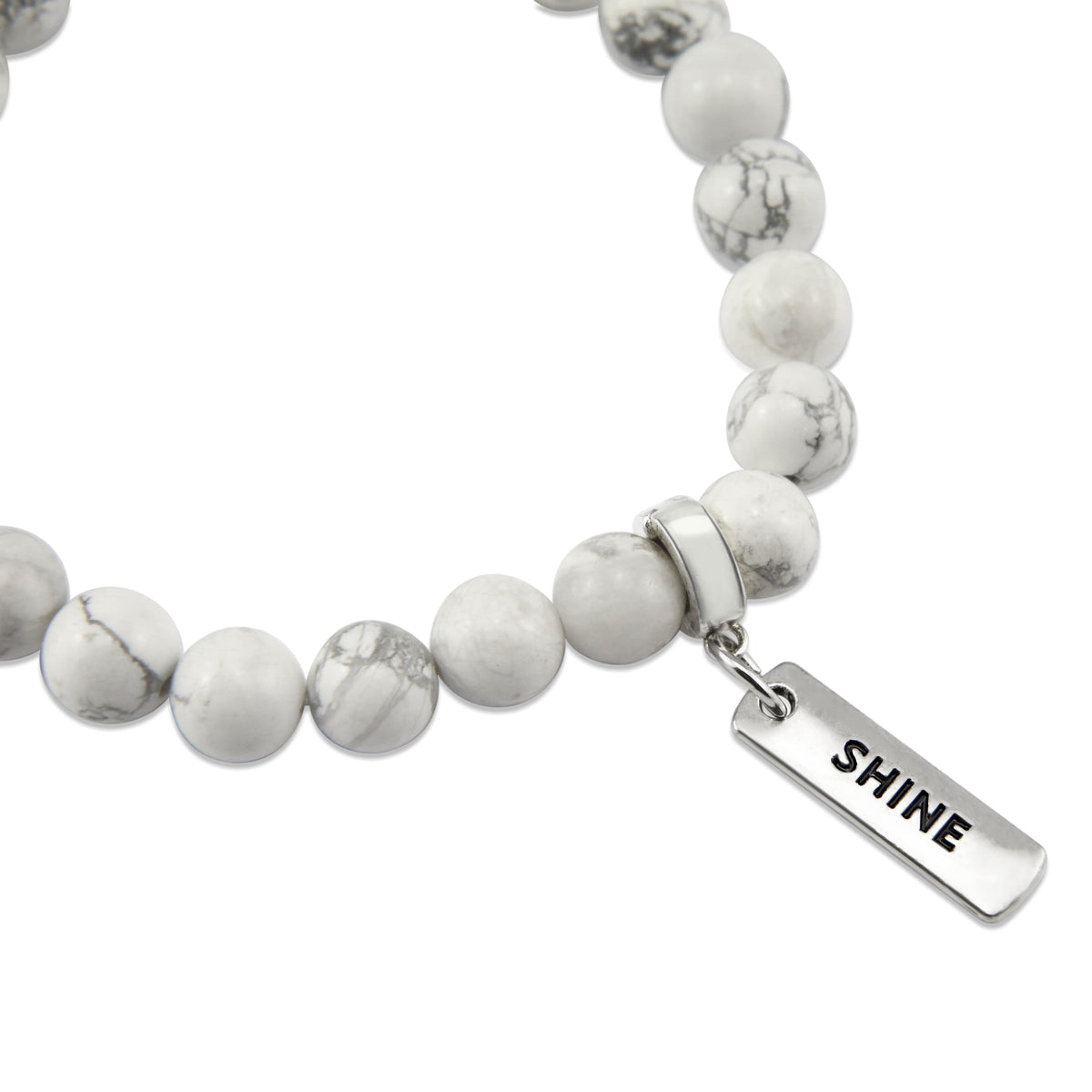 8mm White Marble Stone Bracelet with word charm and silver clip. Featured words are Soul Sister, Family, Grateful, Strength, Hope, Grace, Friendship, Loved, Courage, Brave, Embrace, Enough and many more. 