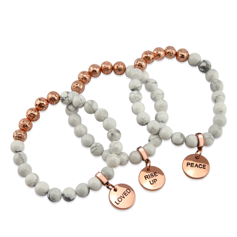 Lava Stone Bracelet -  8mm White Marble + Rose Gold Lava Stone beads - with Rose Gold Word Charm