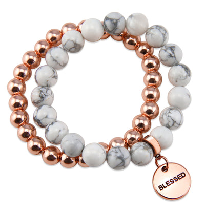 Rose Gold & White Marble bead bracelet stacker Bracelet Duo set with rose gold blessed charm