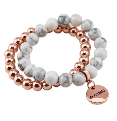 Rose Gold & White Marble bead bracelet stacker Bracelet Duo set with rose gold blessed charm