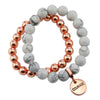 Stone Bead Bracelet Duo. White Marble Howlite stone with rose gold clip and COURAGE word charm with rose gold hematite stacker bracelet.