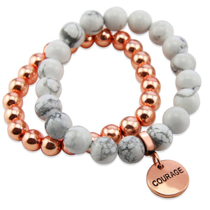 Stone Bead Bracelet Duo. White Marble Howlite stone with rose gold clip and COURAGE word charm with rose gold hematite stacker bracelet. 