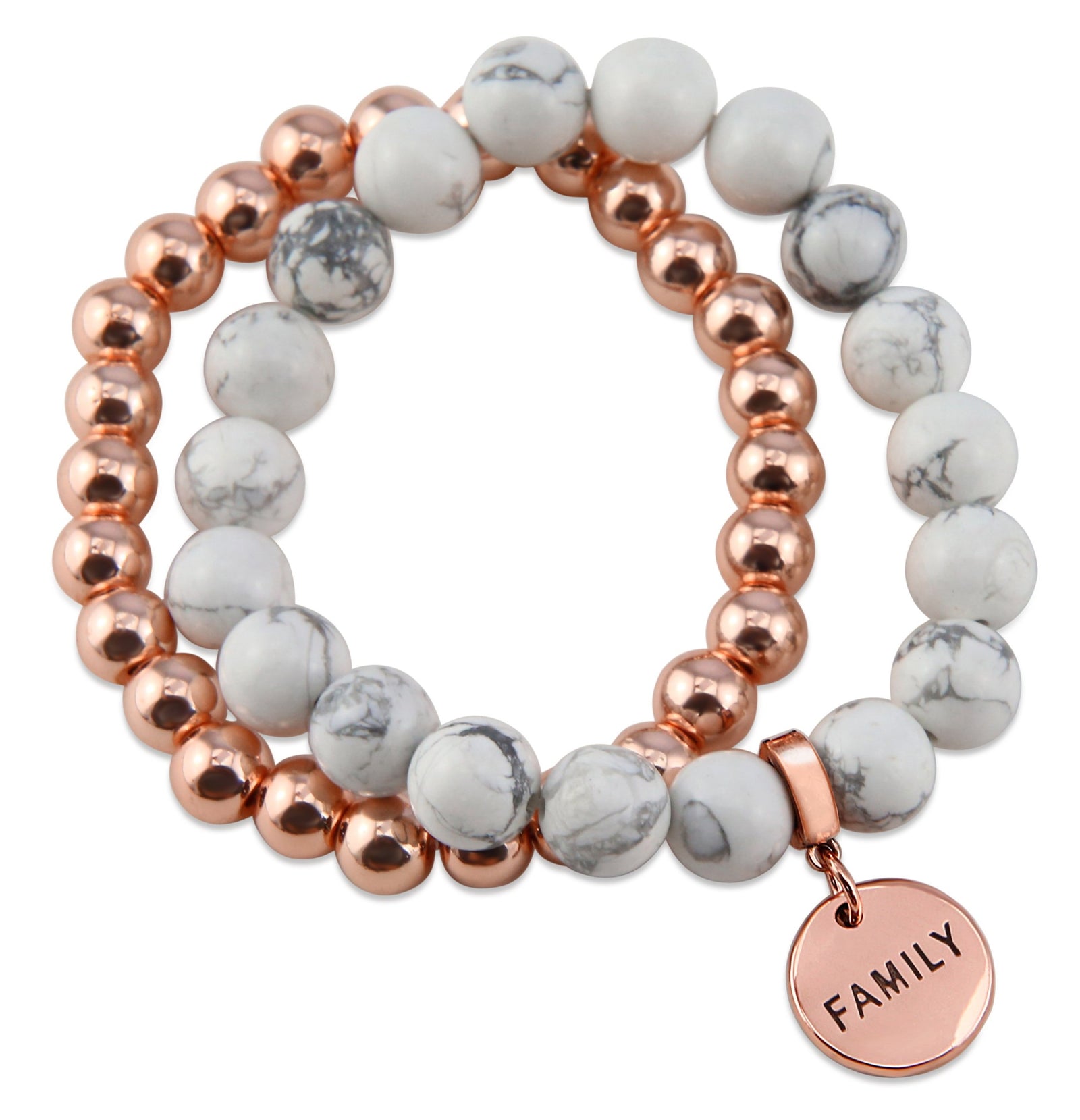 Rose Gold & White Marble bead bracelet stacker Bracelet Duo set with rose gold family charm