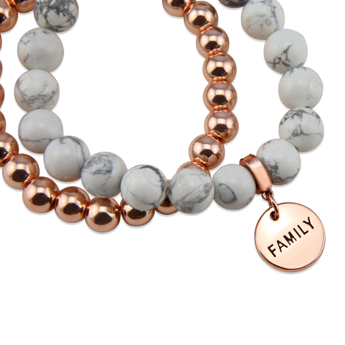 Rose Gold & White Marble bead bracelet stacker Bracelet Duo set with rose gold family charm