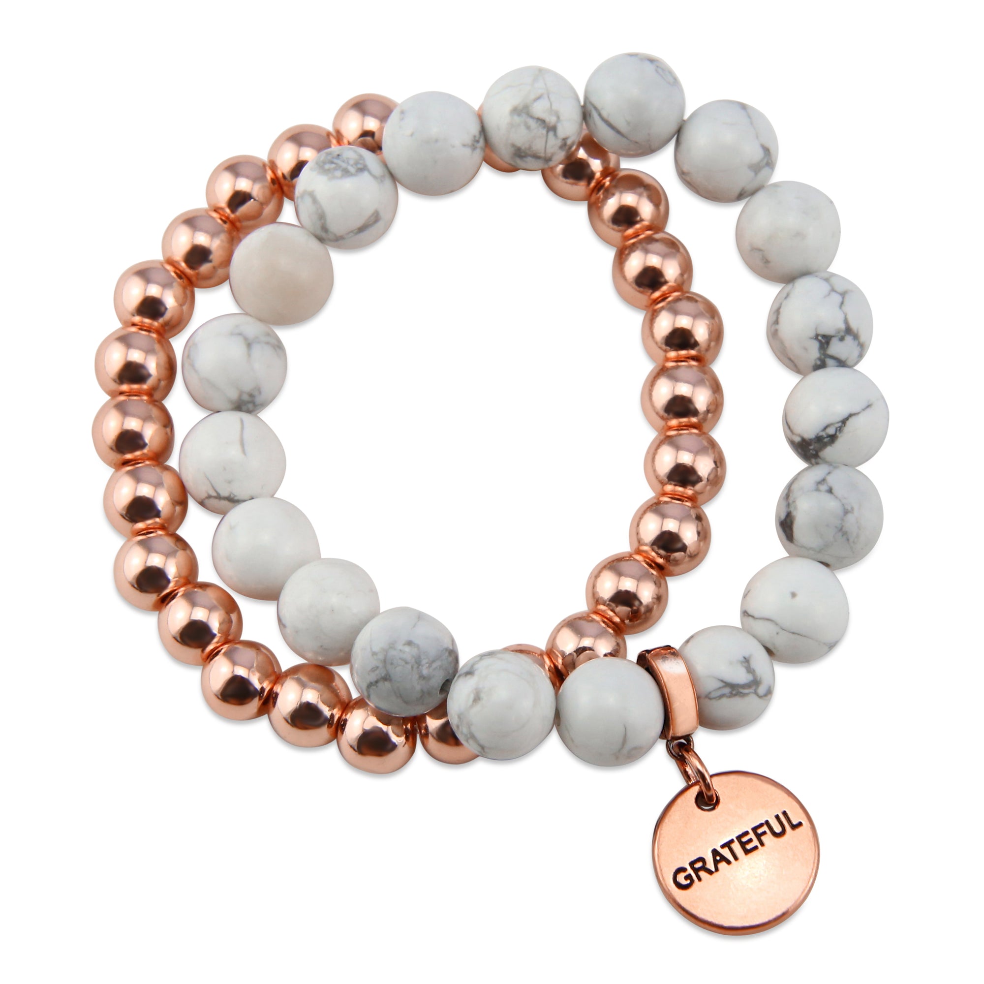 Bracelet Duo! Rose Gold & White Marble bead bracelet stacker set - GRATEFUL (12041)