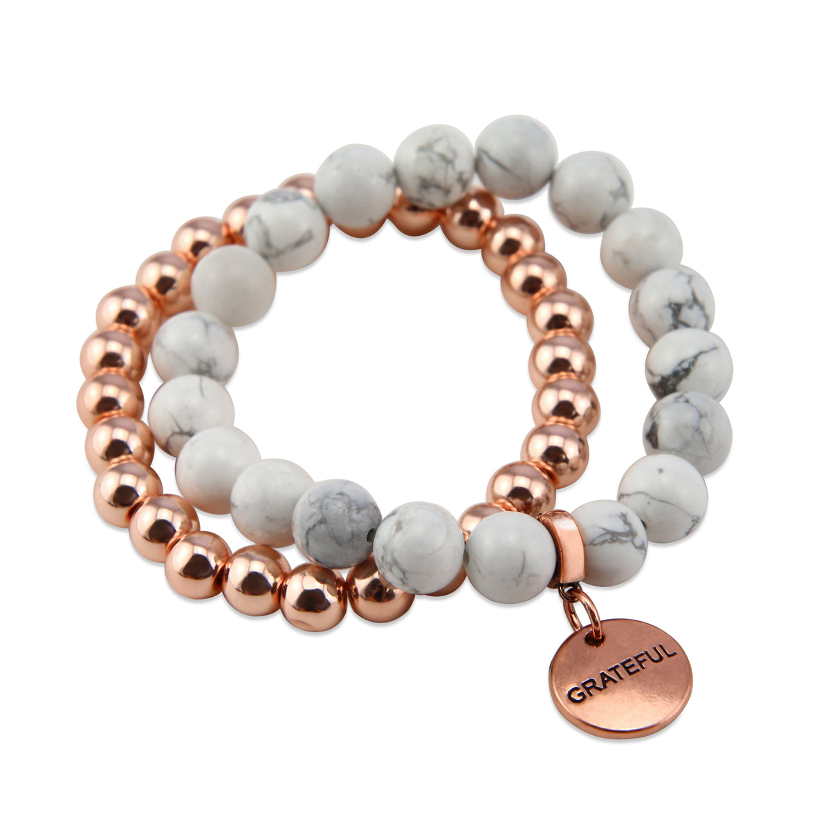Rose Gold & White Marble bead bracelet stacker Bracelet Duo set with rose gold grateful charm