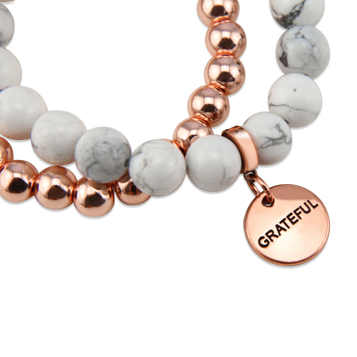Rose Gold & White Marble bead bracelet stacker Bracelet Duo set with rose gold grateful charm
