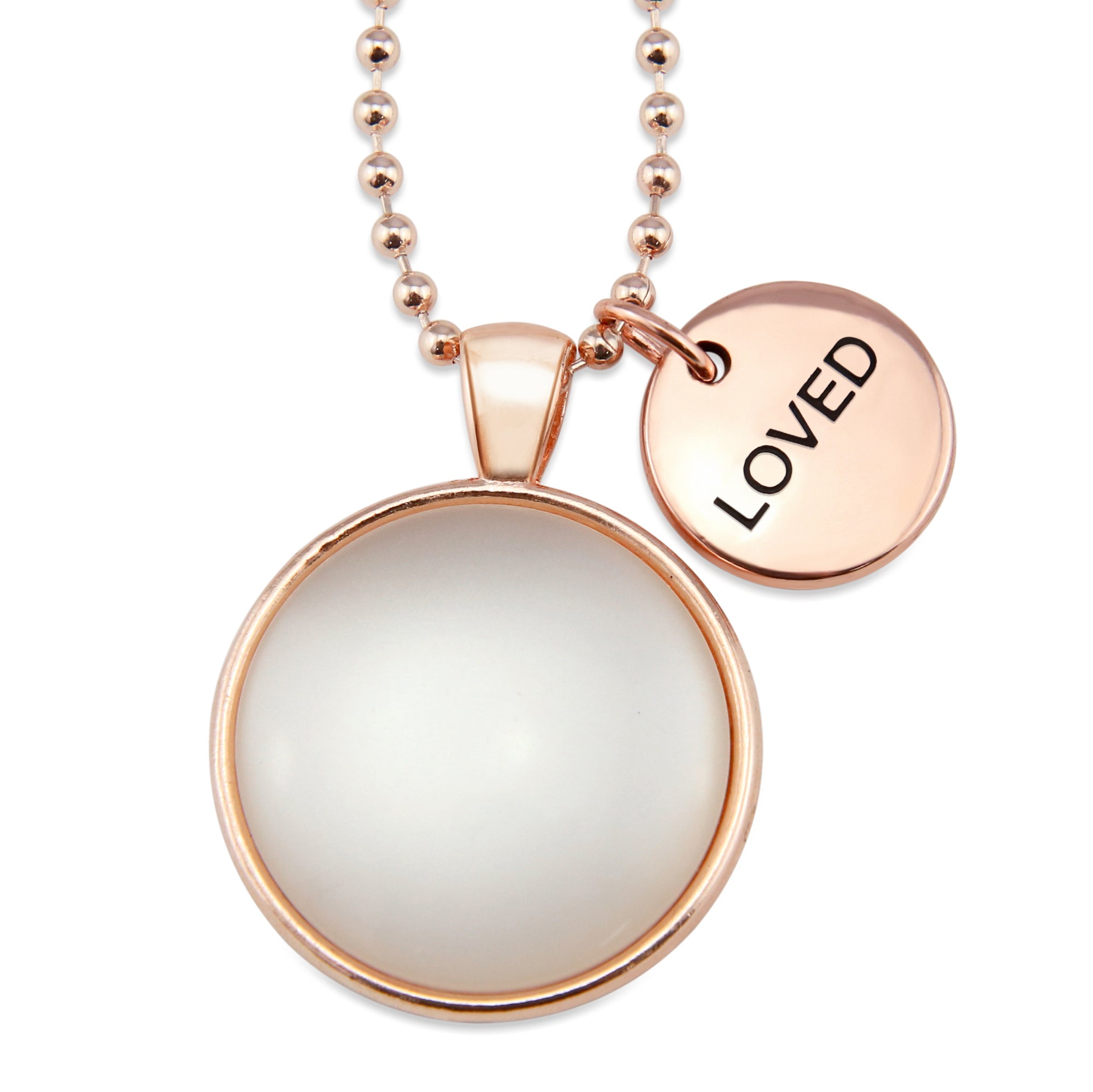 Rose Gold 'LOVED' Necklace - White Pearl Resin (10861)