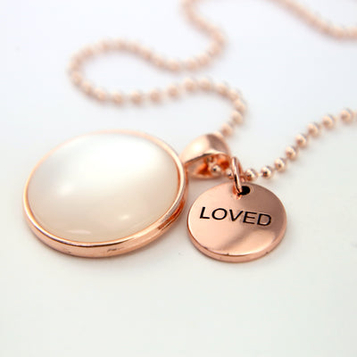 Rose Gold 'LOVED' Necklace - White Pearl Resin (10861)