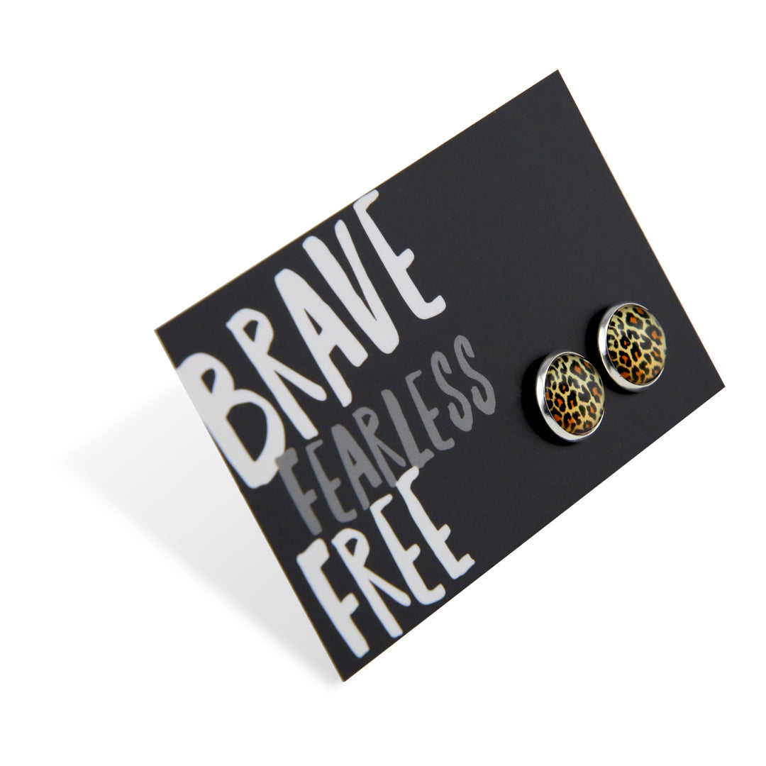 Strong Women Collection - Brave Fearless Free - Vintage Silver 12mm Circle Studs - Wild Thing Leopard (11965)