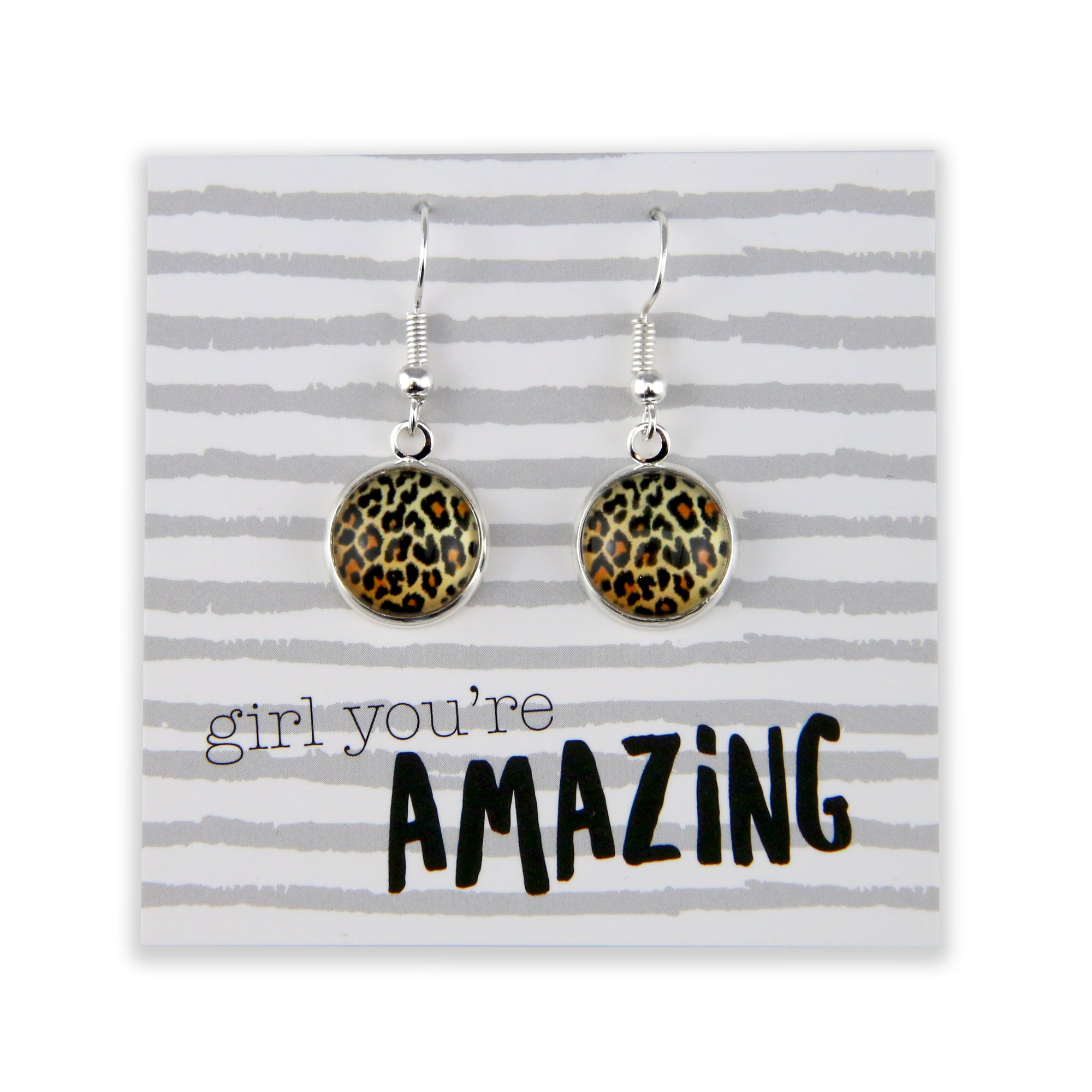 The STRONG WOMEN Collection - Girl You're Amazing - Bright Silver Dangle Earrings - Wild Thing Leopard (9817)