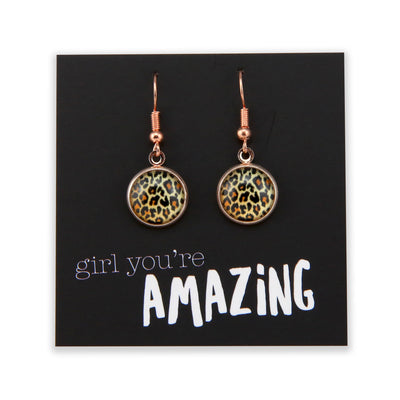 The STRONG WOMEN Collection - Girl You're Amazing - Rose Gold Dangle Earrings - Wild Thing Leopard (9814)