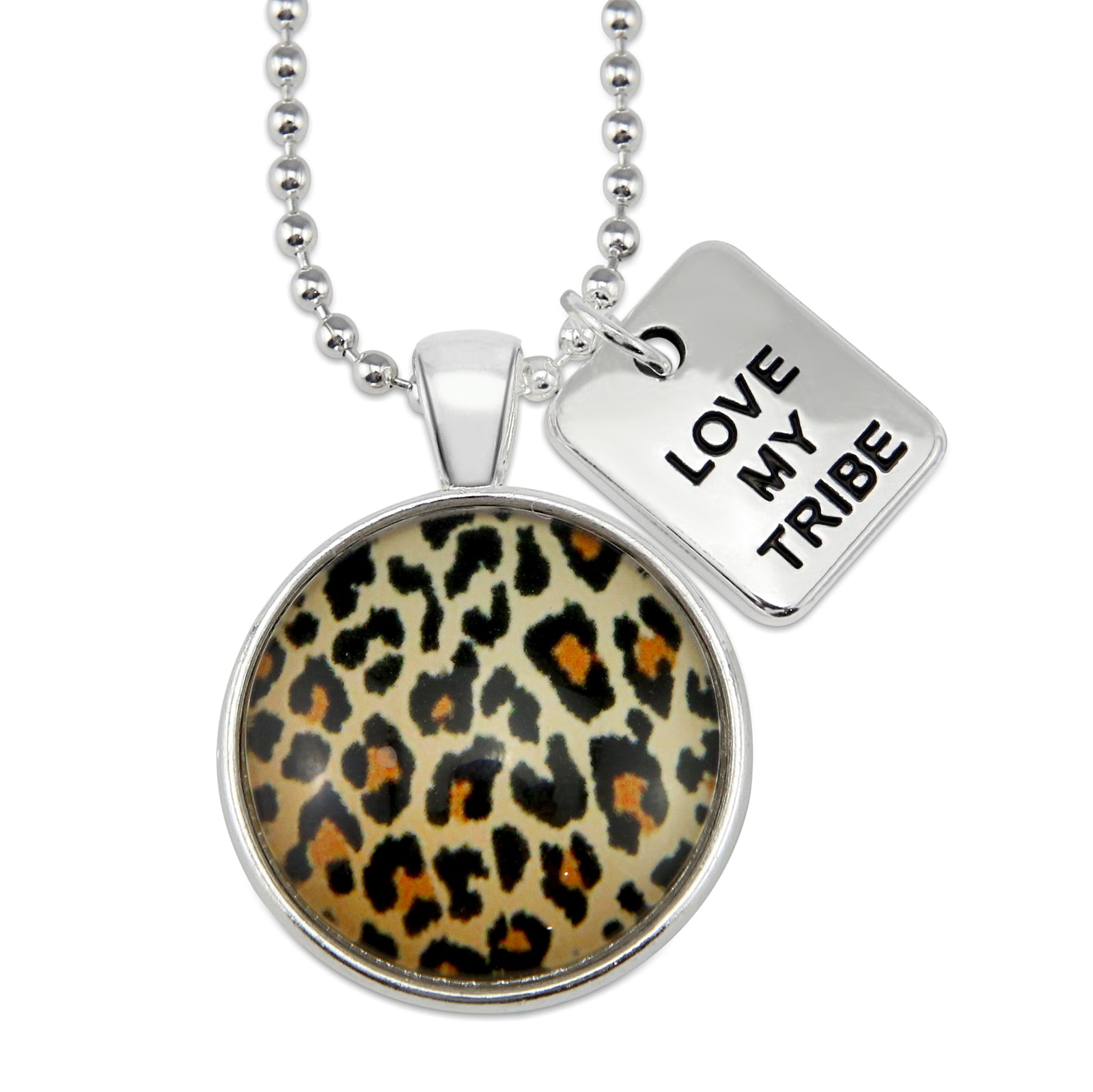The STRONG WOMEN Collection - Bright Silver 'LOVE MY TRIBE' Necklace - Wild Thing Leopard (10864)