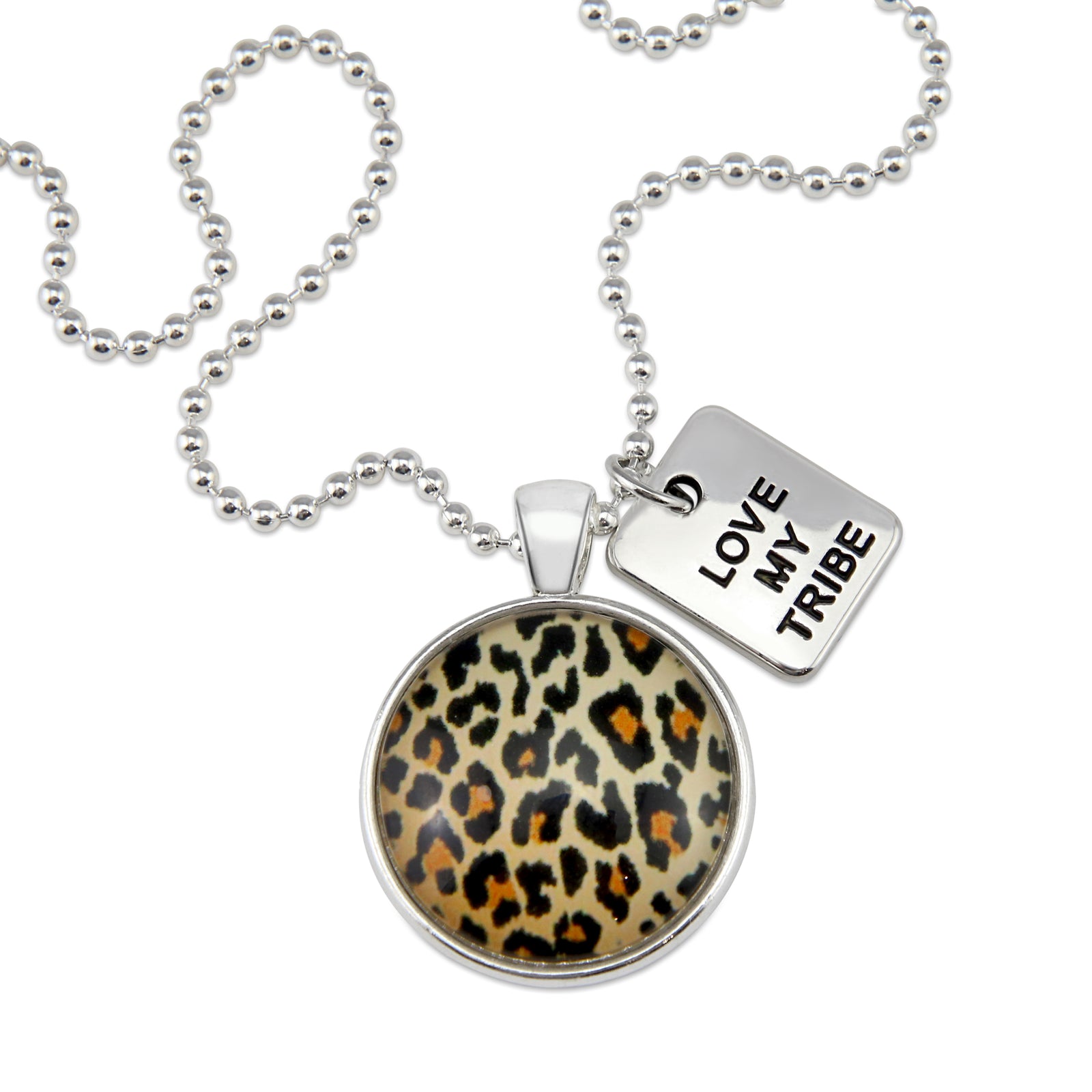 The STRONG WOMEN Collection - Bright Silver 'LOVE MY TRIBE' Necklace - Wild Thing Leopard (10864)