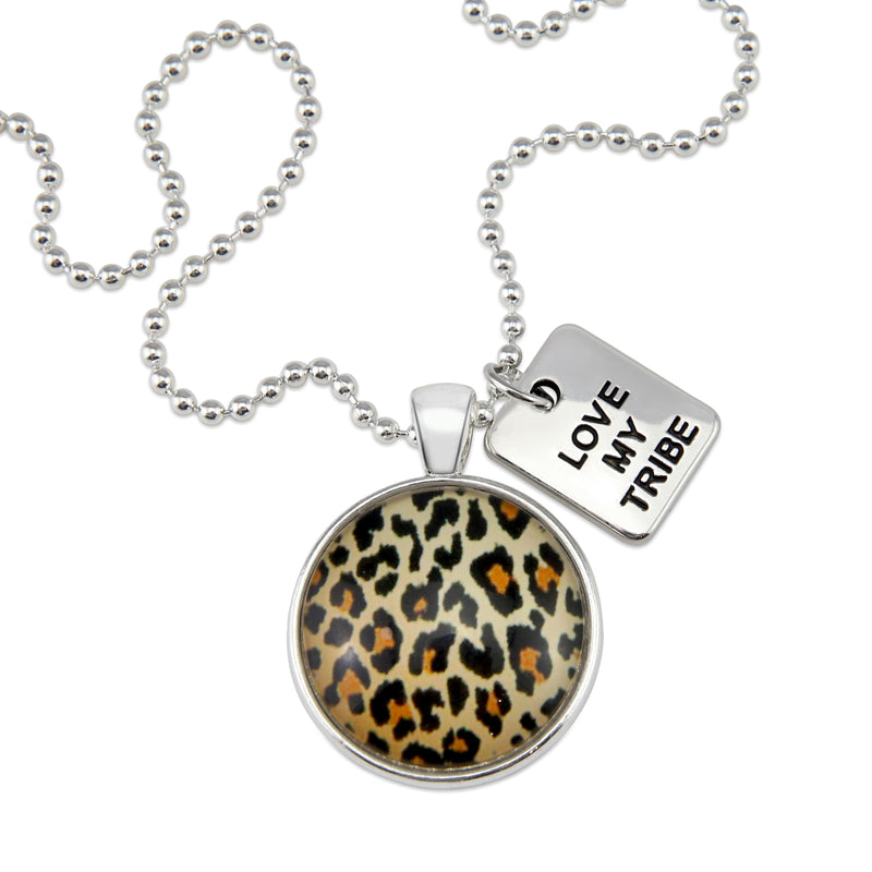 The STRONG WOMEN Collection - Bright Silver ' LOVE MY TRIBE ' Necklace - Wild Thing Leopard (10864)