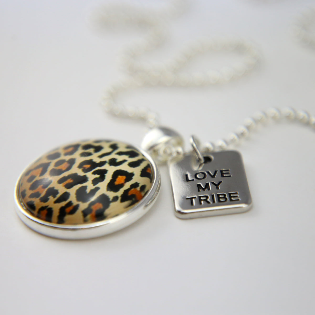 The STRONG WOMEN Collection - Bright Silver 'LOVE MY TRIBE' Necklace - Wild Thing Leopard (10864)