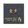 Gold stainless steel gingerbread cookies on foil wishing you joy card.
