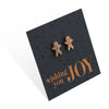 Rose Gold stainless steel gingerbread cookies on foil wishing you joy card.