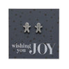 Silver stainless steel gingerbread cookies on foil wishing you joy card.