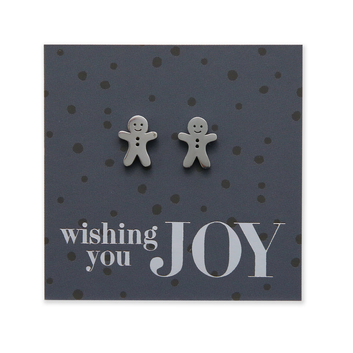 Silver stainless steel gingerbread cookies on foil wishing you joy card.
