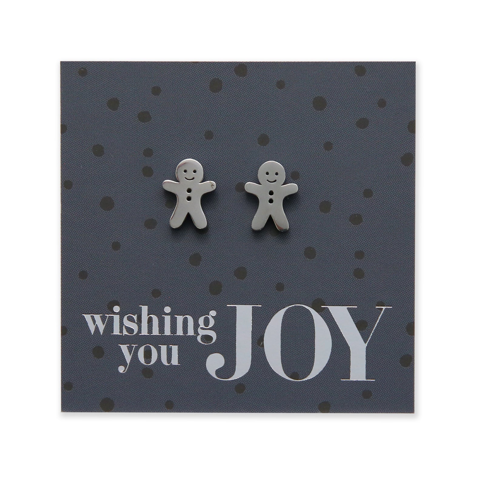 Silver, rose gold, gold and black stainless steel gingerbread cookies on foil wishing you joy card.