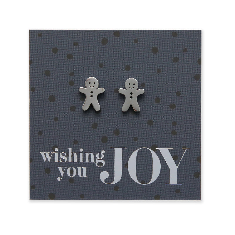 Silver, rose gold, gold and black stainless steel gingerbread cookies on foil wishing you joy card.