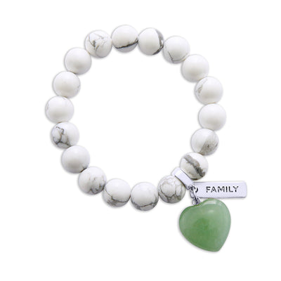 SWEETHEART Bracelet - 10mm WHITE MARBLE with DUSTY GREEN AVENTURINE heart charm & Word Charm