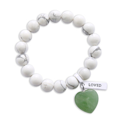 SWEETHEART Bracelet - 10mm WHITE MARBLE with DUSTY GREEN AVENTURINE heart charm & Word Charm
