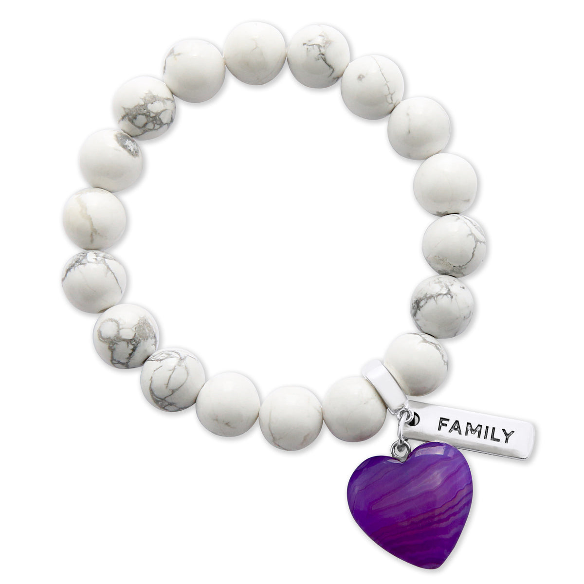 SWEETHEART Bracelet - 10mm WHITE MARBLE with Purple Striped Agate heart charm & Word Charm