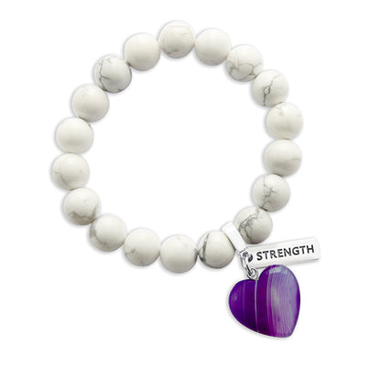 SWEETHEART Bracelet - 10mm WHITE MARBLE with Purple Striped Agate heart charm & Word Charm