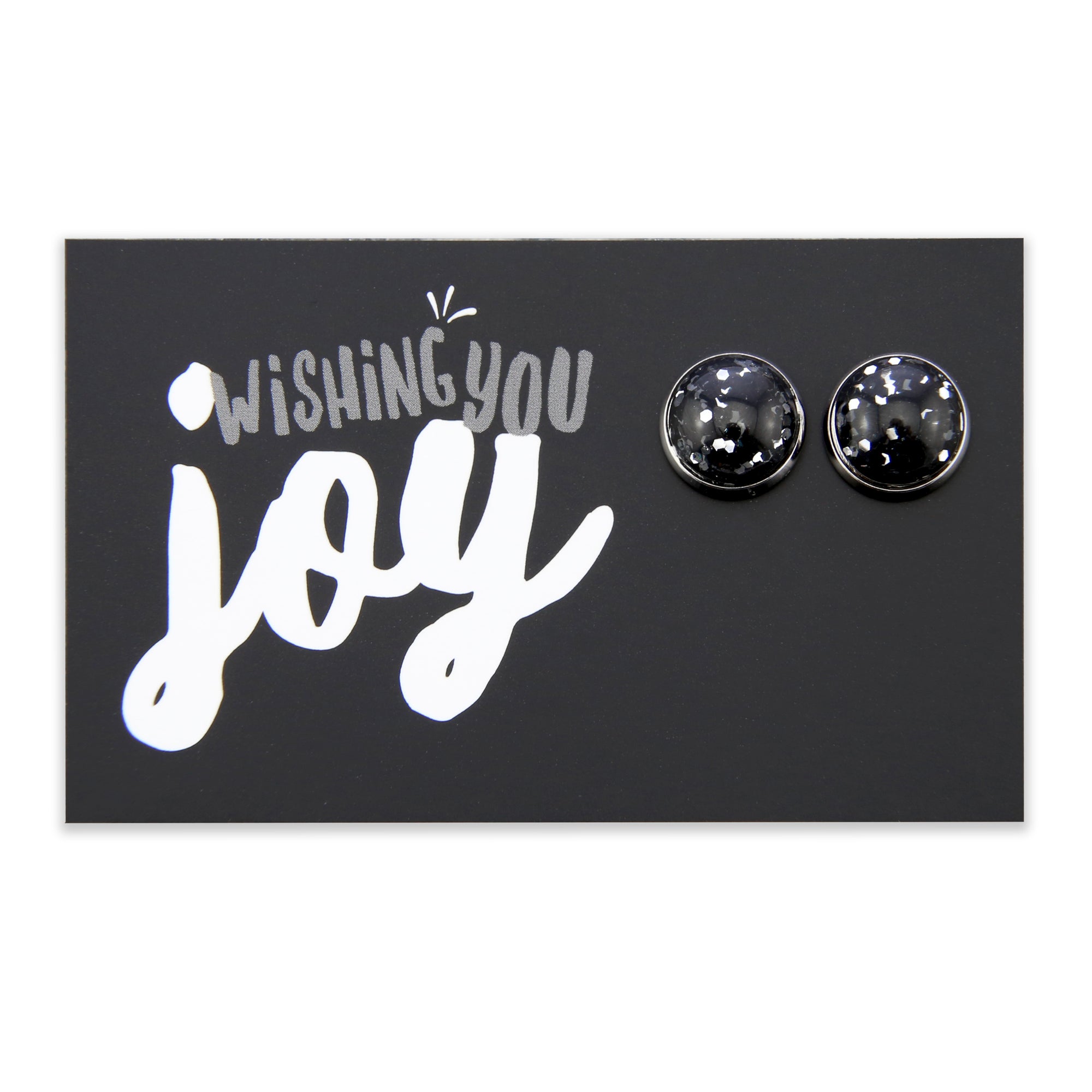 Black and silver glitter stud earrings with silver surround on wishing you joy card.