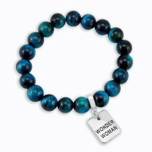 Precious Stone Bracelet - Teal Tigers Eye 10mm Beads - with Silver Word Charms