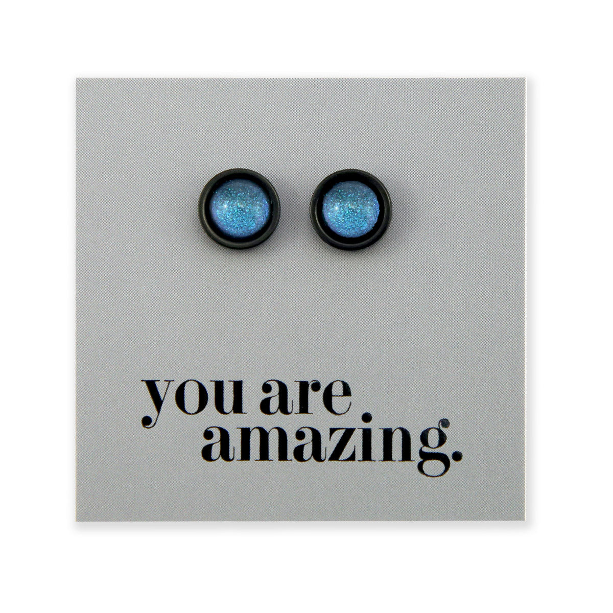 You Are Amazing - Black Stainless Steel 8mm Circle Studs - Blue Shimmer (11263)