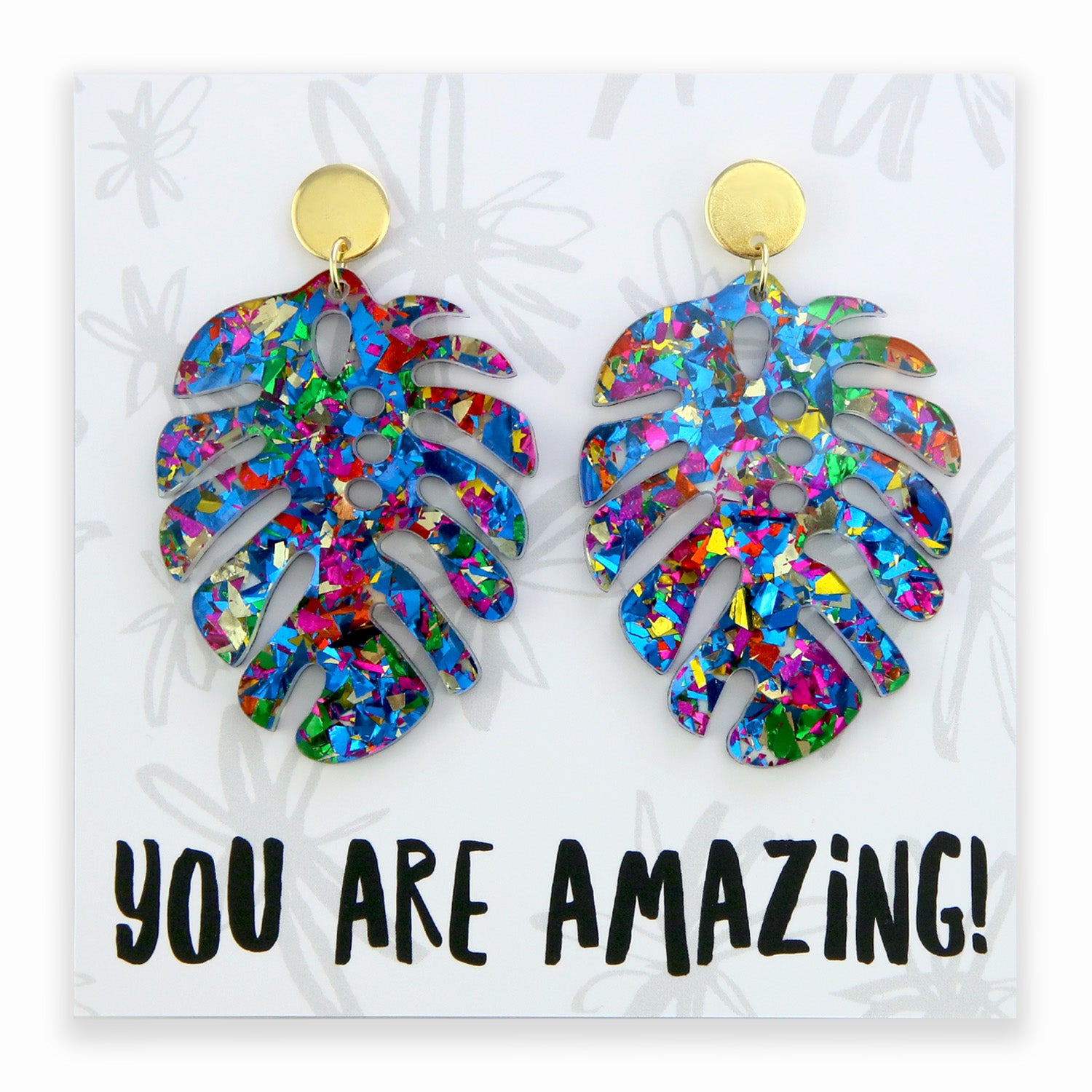 Resin Statement Dangles - You Are Amazing! - Sparkle Monstera Leaf (11432)