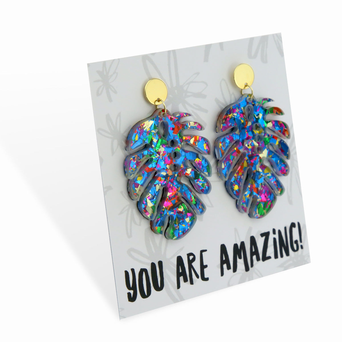 Acrylic & Resin Dangles - 'You Are Amazing' - Sparkle Monstera Leaf (11432)
