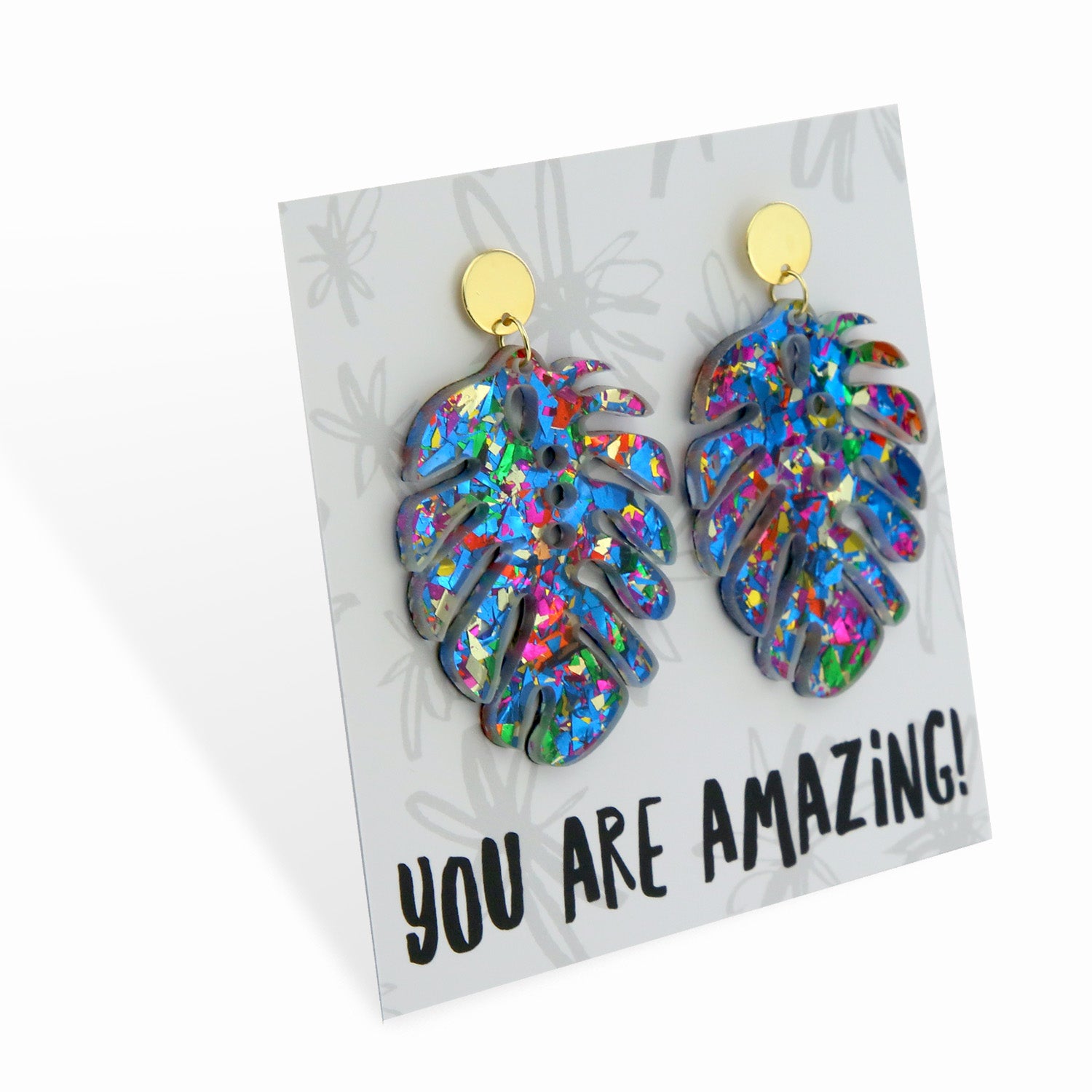 Acrylic & Resin Dangles - 'You Are Amazing' - Sparkle Monstera Leaf (11432)
