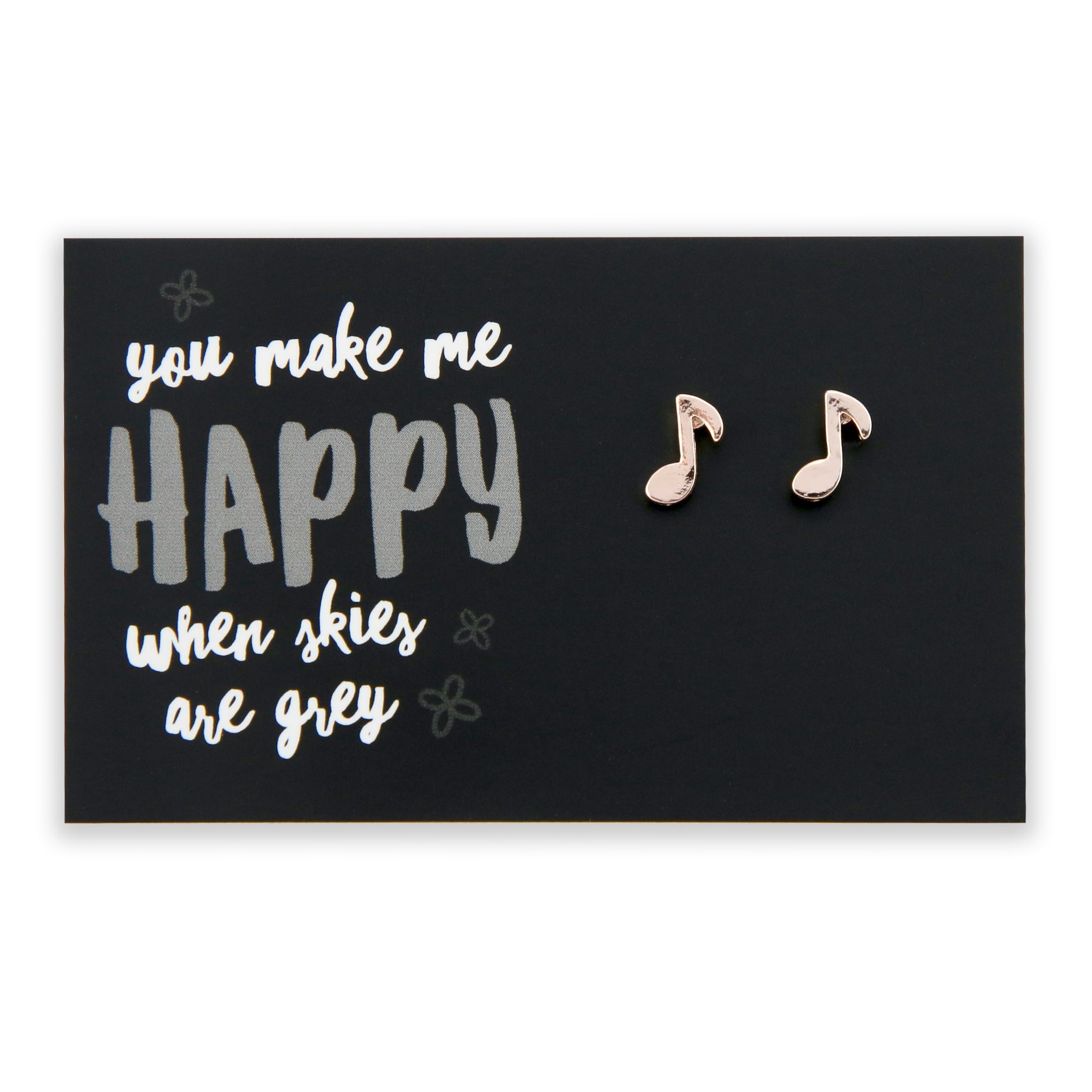 Music note shaped earring studs in rose gold, on you make me happy when skies are grey card.
